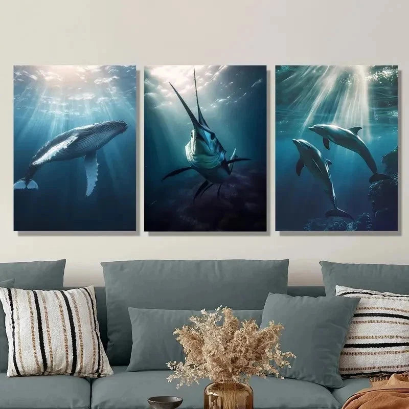 3pcs Underwater World Creature Perfect Wall Art Set Canvas Framed 40x60cm - High Quality Print 100% Australian Made Wall Canvas Ready to Hang