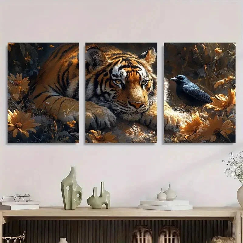 3pcs Tiger & Magpie Metal Vibrant Floral Print Ready to Hang Art