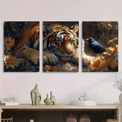 3pcs Tiger & Magpie Metal Vibrant Floral Print Ready to Hang Art