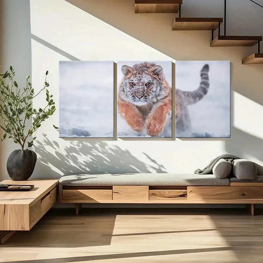 3pcs Striking Snowy Tiger in Action Wall Art Set Canvas Framed 40x60cm - High Quality Print 100% Australian Made Wall Canvas Ready to Hang