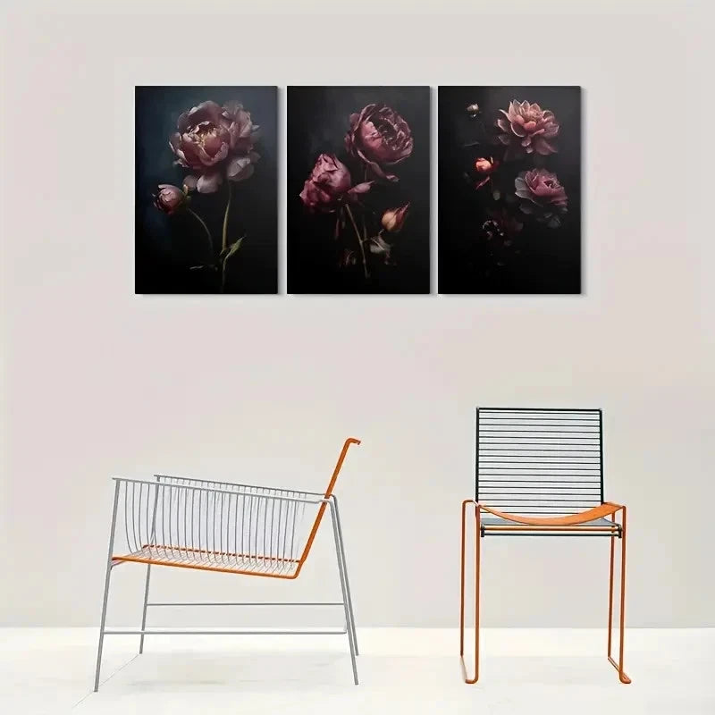 3pcs Dark Peony Triptych Painting Metal Print Ready to Hang Art