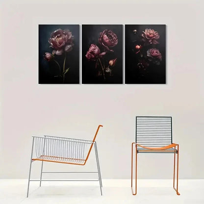 3pcs Dark Peony Triptych Painting Metal Print Ready to Hang Art