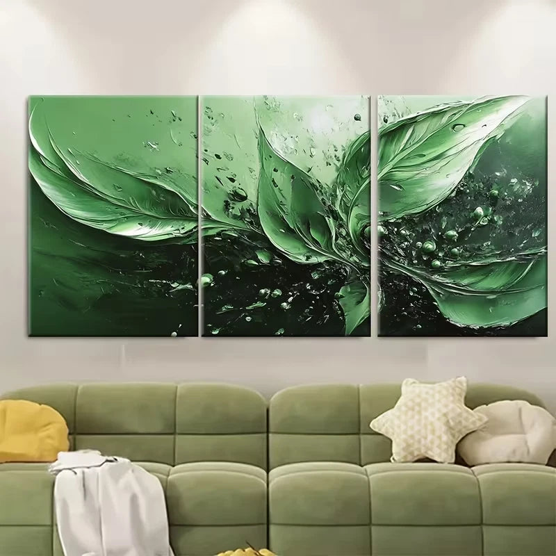3pcs Green Splash Abstract Oil Painting Metal Print Ready to Hang Art