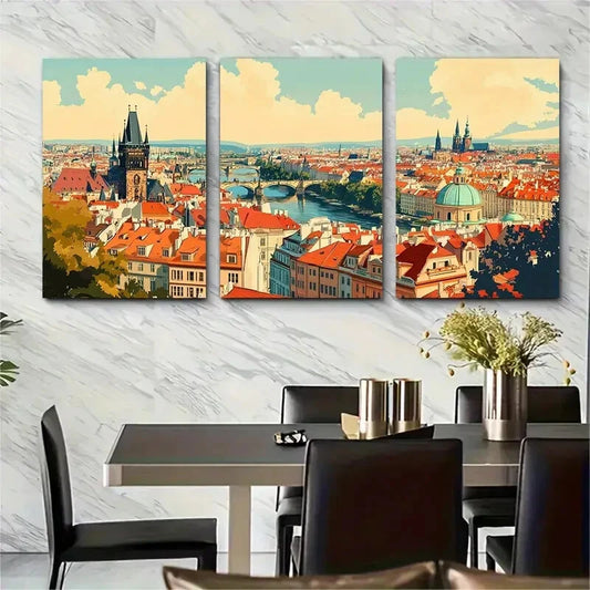 3pcs Prague Cityscape Panels with Iconic Metal Print Ready to Hang Art