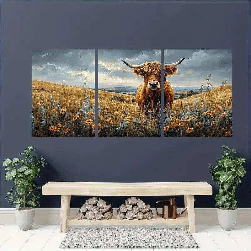 3pcs Highland Cow Country Landscape Photography Metal Print Ready to Hang Art