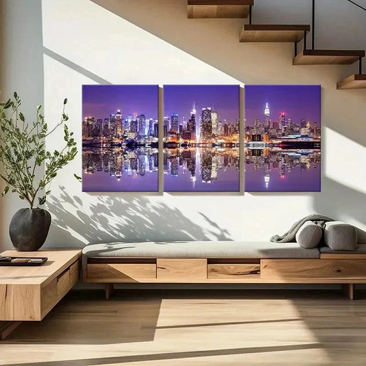 3pcs Night View Skyline & Buildings Wall Art Set Canvas Framed 40x60cm - High Quality Print 100% Australian Made Wall Canvas Ready to Hang