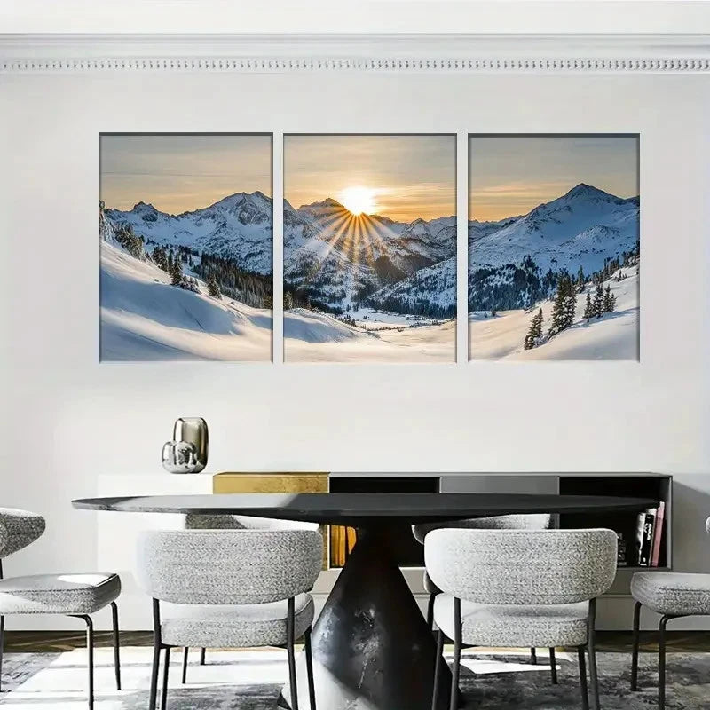 3pcs Snowy Mountain Sunrise Wall Art Metal Print Ready to Hang Art