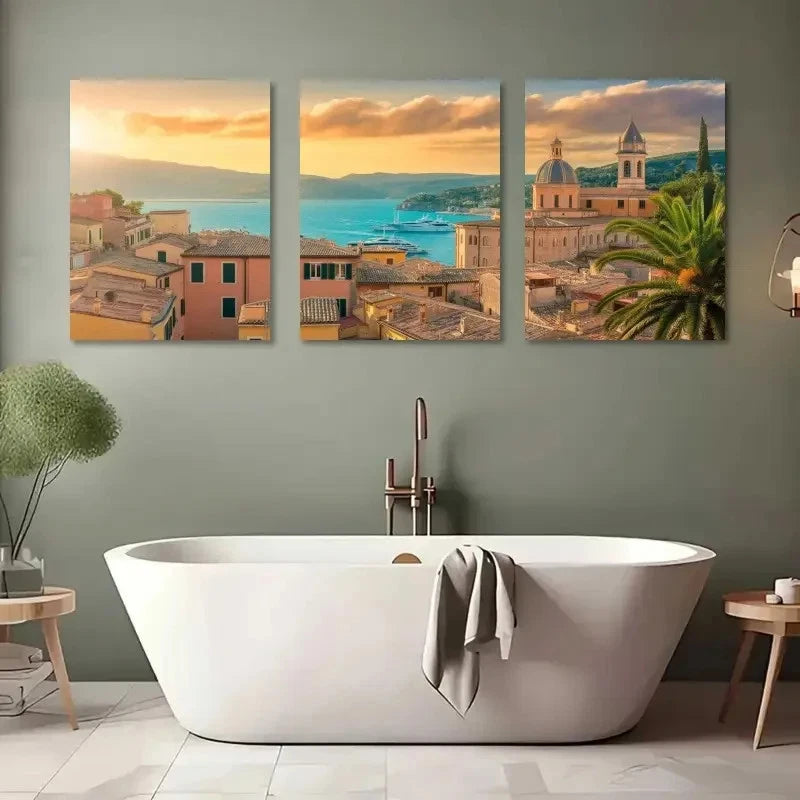 3pcs Mediterranean Buildings Marina Yachts Metal Print Ready to Hang Art