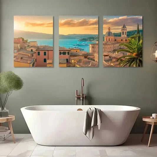 3pcs Mediterranean Buildings Marina Yachts Metal Print Ready to Hang Art