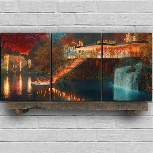 3pcs The Glass House by the River Night Scene Metal Print Ready to Hang Art