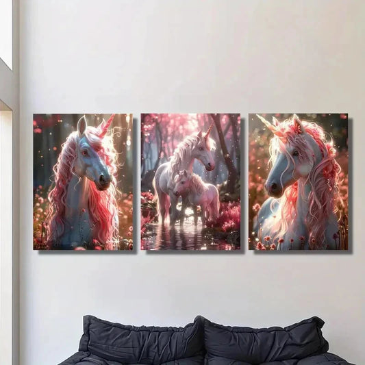 3pcs Pink hair unicorn fantasy illustration Metal Print Ready to Hang Art