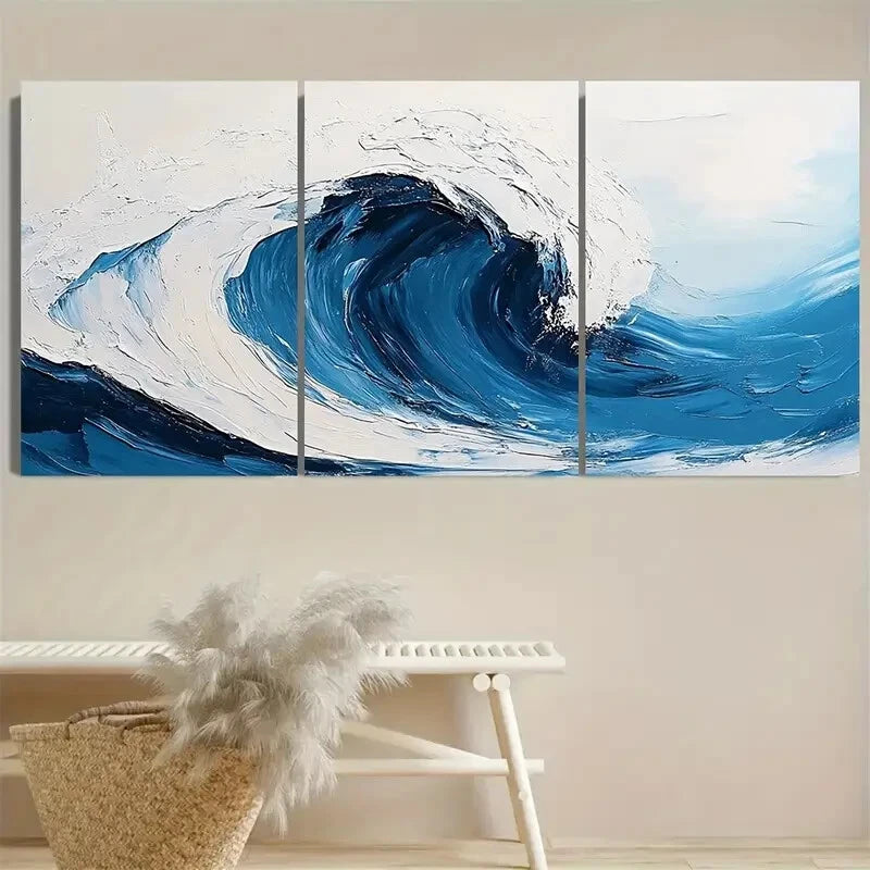 3pcs Ocean Wave On Blue and White malist Metal Print Ready to Hang Art