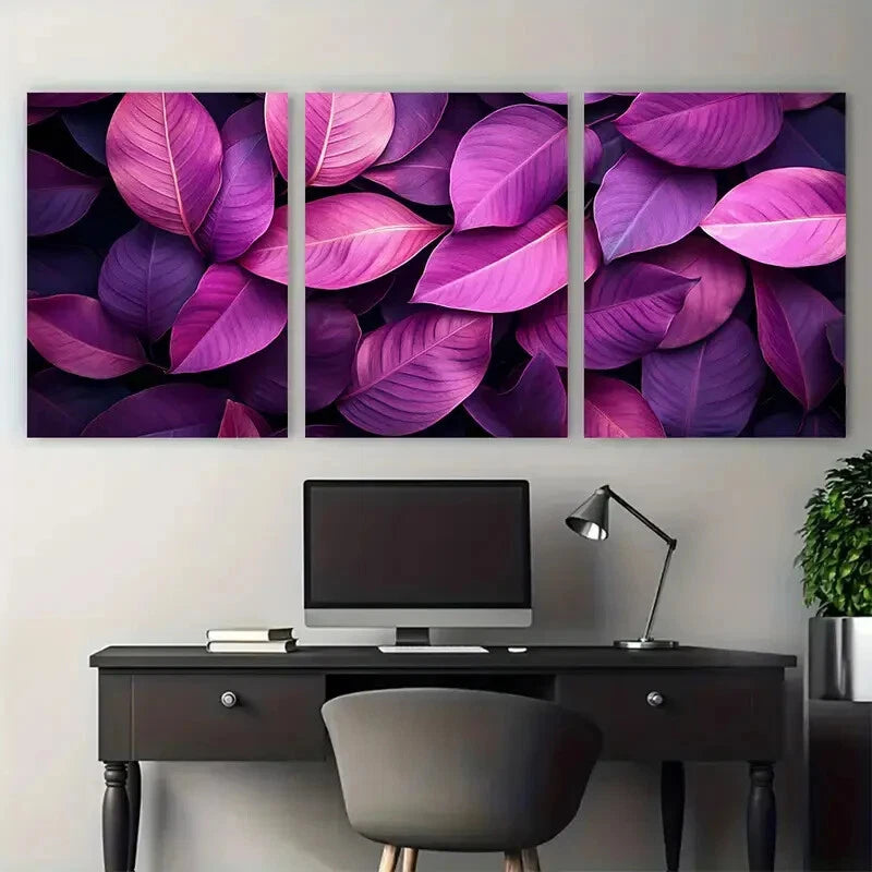 3pcs Deep Pink Purple Nature Tropical Leaves Metal Print Ready to Hang Art