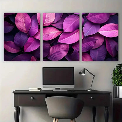 3pcs Deep Pink Purple Nature Tropical Leaves Metal Print Ready to Hang Art