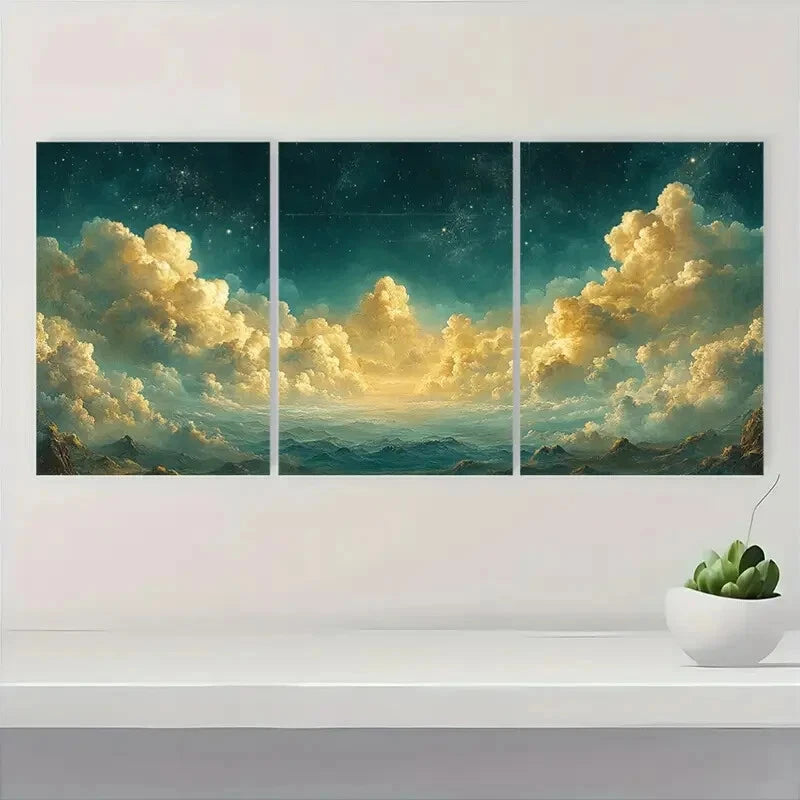 3pcs Serene Night Sky & Clouds Panoramic Metal Print Ready to Hang Art