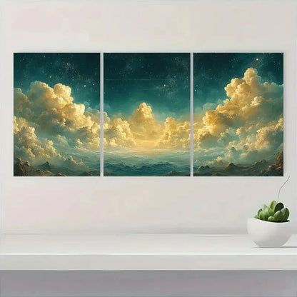3pcs Serene Night Sky & Clouds Panoramic Metal Print Ready to Hang Art