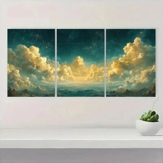 3pcs Serene Night Sky & Clouds Panoramic Metal Print Ready to Hang Art