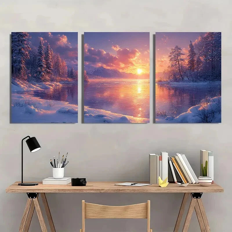 3pcs Serene Frozen Lake & Snowy Forest Scenery Metal Print Ready to Hang Art