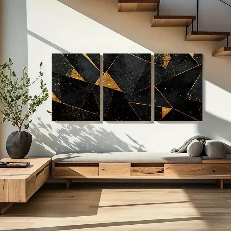 3pcs Abstract Golden Black Triangles Luxury Metal Print Ready to Hang Art
