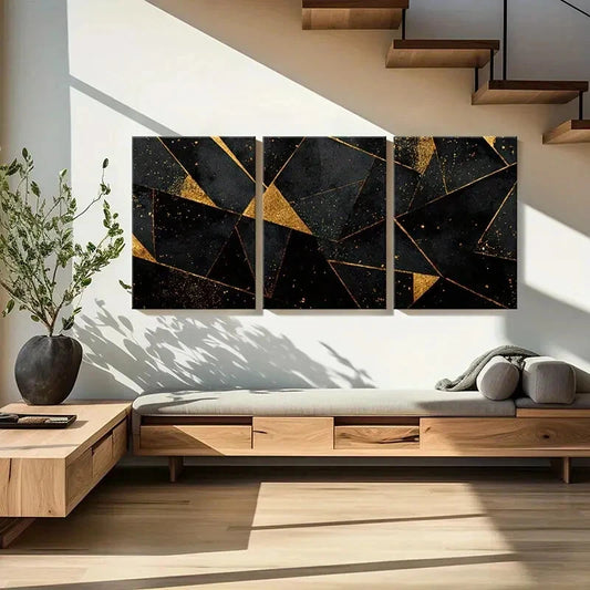 3pcs Abstract Golden Black Triangles Luxury Metal Print Ready to Hang Art