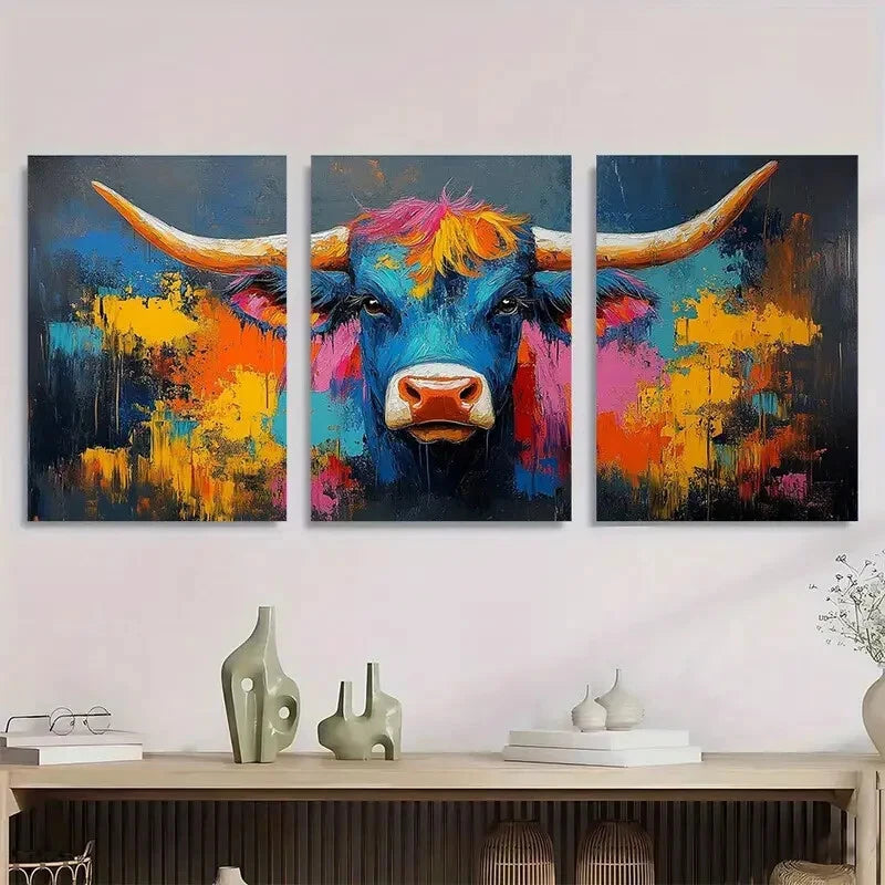 3pcs Vibrant Abstract Cow Colorful Brushstrokes Metal Print Ready to Hang Art
