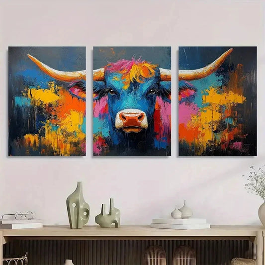 3pcs Vibrant Abstract Cow Colorful Brushstrokes Metal Print Ready to Hang Art