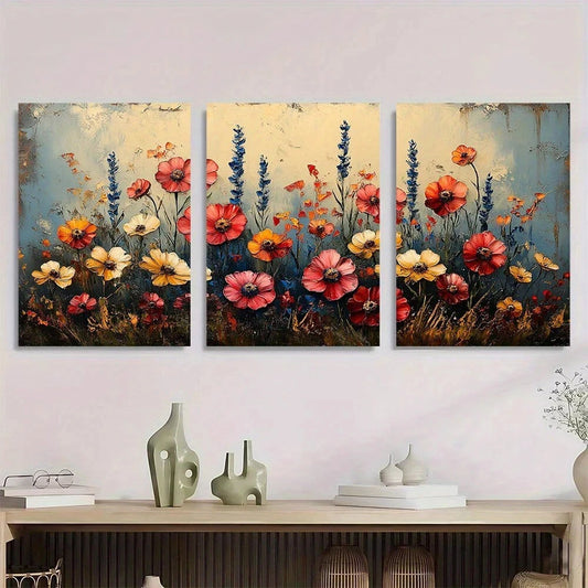 3pcs Vintage Colourful Wildflower Pink & White Metal Print Ready to Hang Art