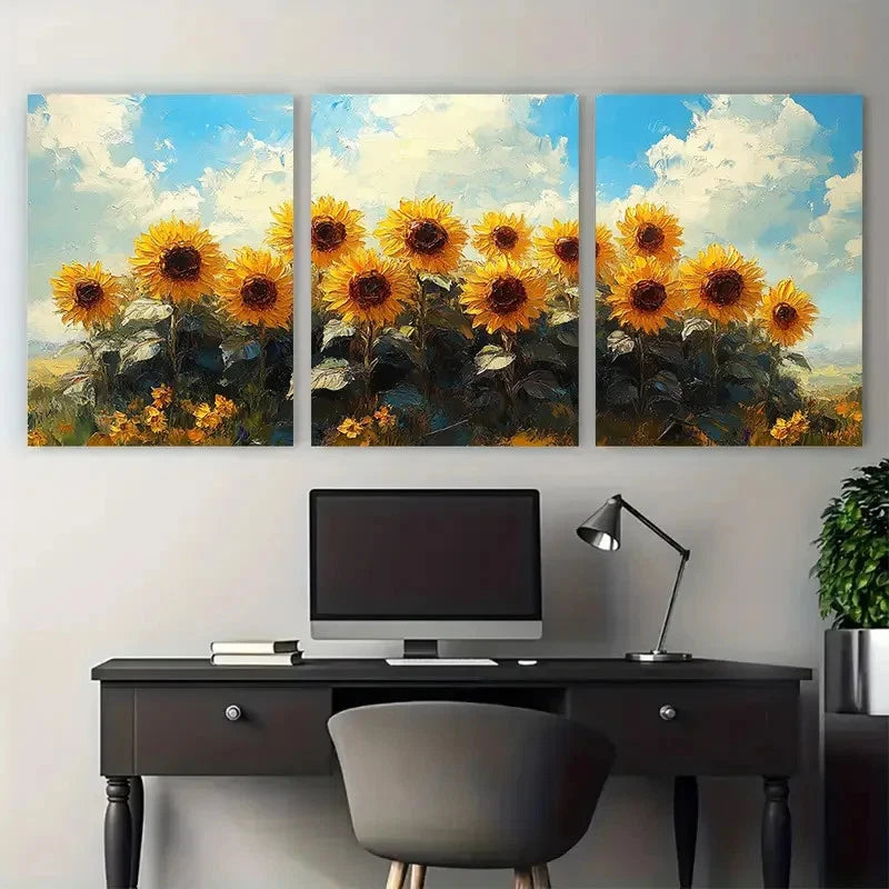3pcs Vibrant Sunflower Impasto Floral Illustration Metal Print Ready to Hang Art