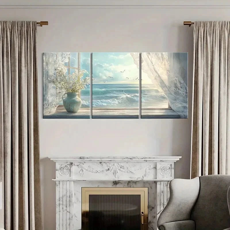 3pcs Scenic Sea View from Open Window Metal Print Ready to Hang Art
