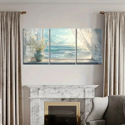 3pcs Scenic Sea View from Open Window Metal Print Ready to Hang Art