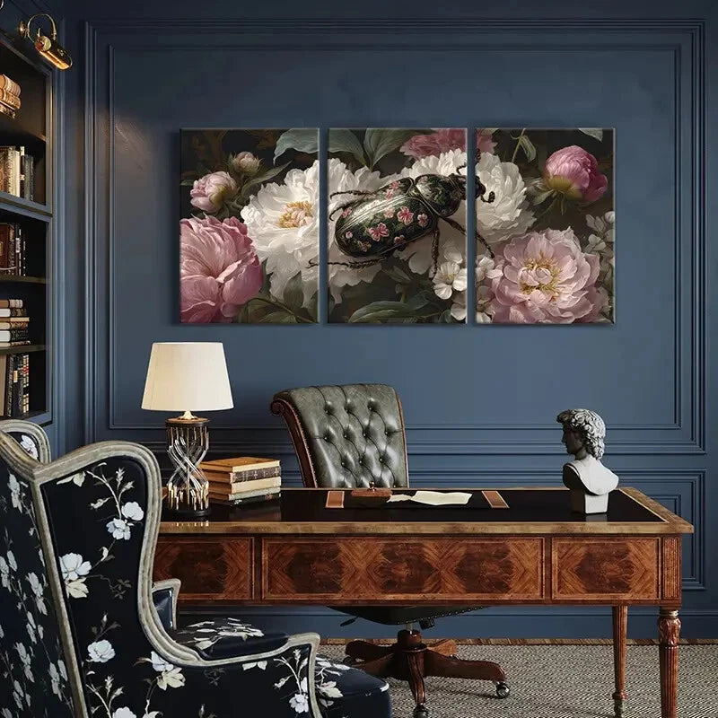 3pcs Elegant Peony Floral Canvas Art Beetle Design Metal Print Ready to Hang Art