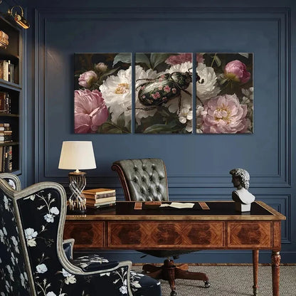 3pcs Elegant Peony Floral Canvas Art Beetle Design Metal Print Ready to Hang Art