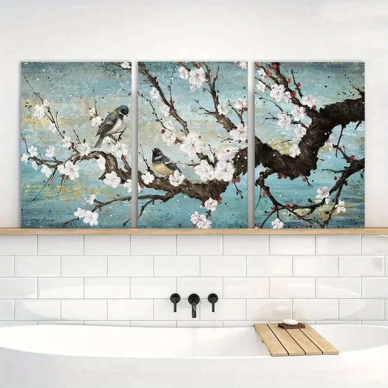 3pcs Traditional Painting Plum Blossom & Birds Metal Print Ready to Hang Art