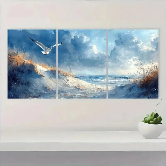3pcs Sand Dunes and Seagulls Watercolor Beach Land Metal Print Ready to Hang Art