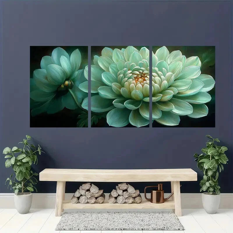 3pcs Green Chrysanthemum Painting Print Metal Print Ready to Hang Art