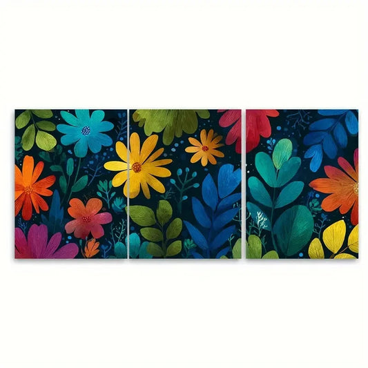 3pcs Vibrant Floral Retro Poster Design Wall Art Set Canvas Framed 60x90cm - High Quality Print 100% Australian Made Wall Canvas Ready to Hang