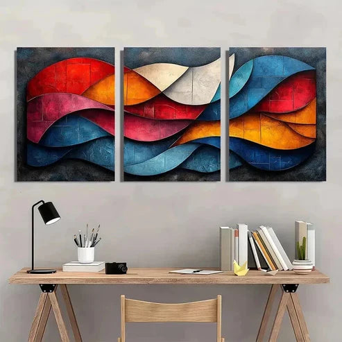 3pcs Vibrant Mixed Colors Cubist Painting Wall Art Set Canvas Unframed - High Quality Print 100% Australian Made Wall Canvas