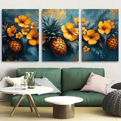 3pcs Bright Pineapples And Flowers Hanging Design Metal Print Ready to Hang Art