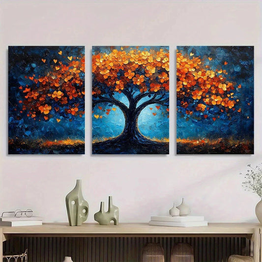 3pcs Vibrant Autumn Foliage Blue Geometric Metal Print Ready to Hang Art