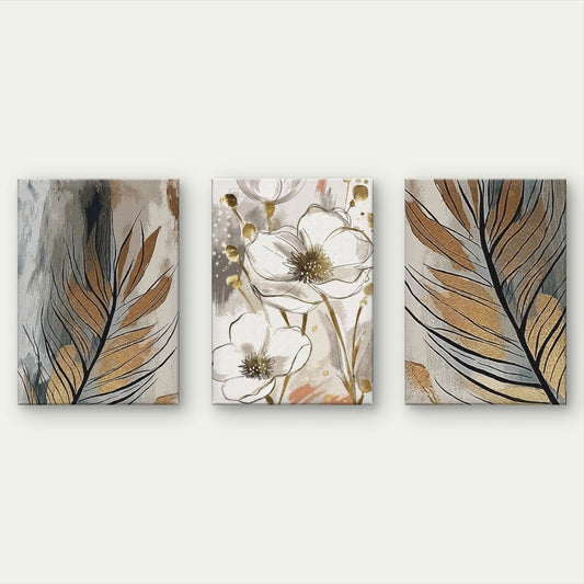 3pcs Modern Abstract White Floral and Feathers Wall Art Set Canvas Framed 50x70cm - High Quality Print 100% Australian Made Wall Canvas Ready to Hang