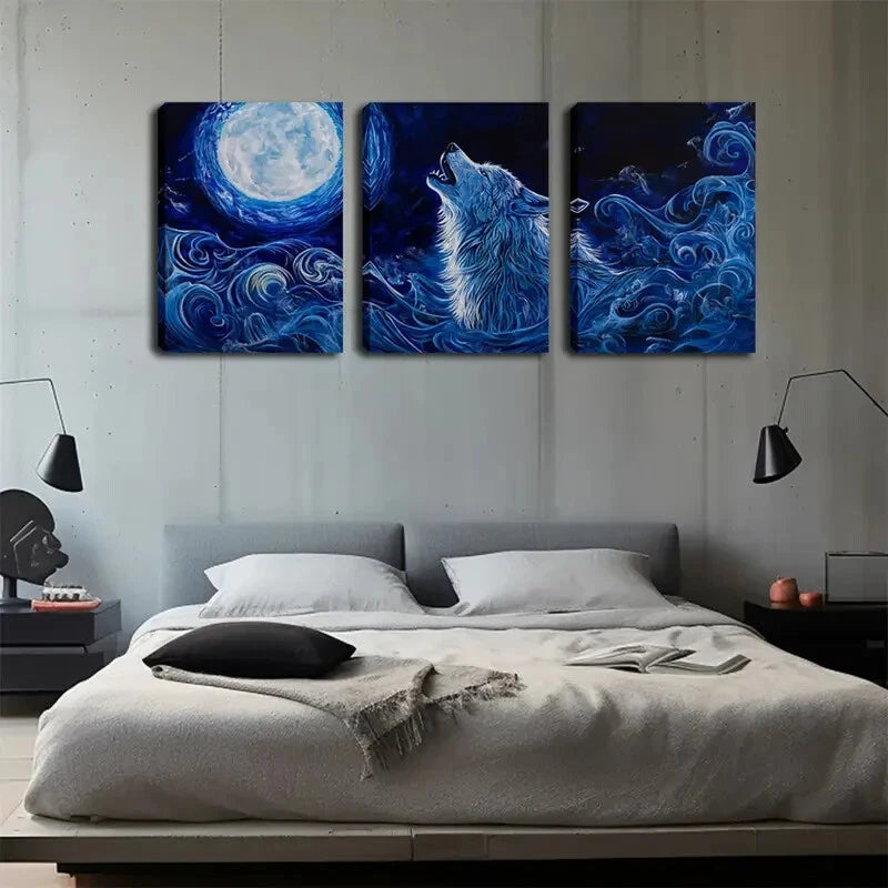 3pcs Wolf Under The Moonlit Night Perfect Wall Art Set Canvas Framed 40x60cm - High Quality Print 100% Australian Made Wall Canvas Ready to Hang