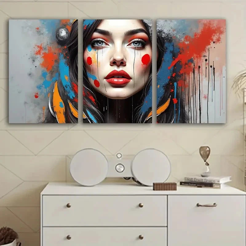 3pcs Vibrant Abstract Woman Face Paintings Wall Art Set Canvas Framed 50x70cm - High Quality Print 100% Australian Made Wall Canvas Ready to Hang
