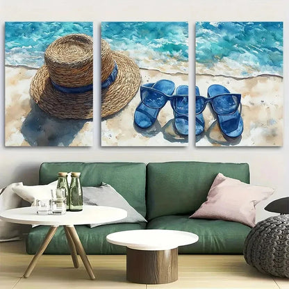 3pcs Navy Blue Glasses Beach Bag Flip Flops Metal Print Ready to Hang Art