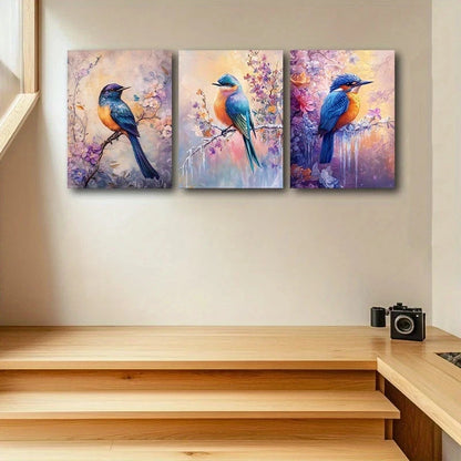 3pcs Colorful Birds Purple Flowers Botanical Metal Print Ready to Hang Art