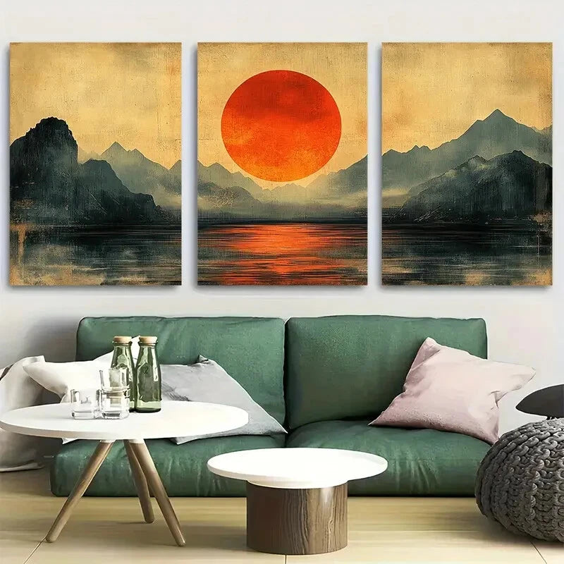 3pcs Retro Japanese The Rising Sun Metal Print Ready to Hang Art