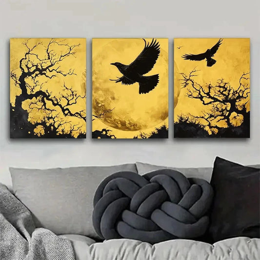 3pcs Moonlit Raven Flying Crows Golden Perfect Wall Art Set Canvas Framed 40x60cm - High Quality Print 100% Australian Made Wall Canvas Ready to Hang