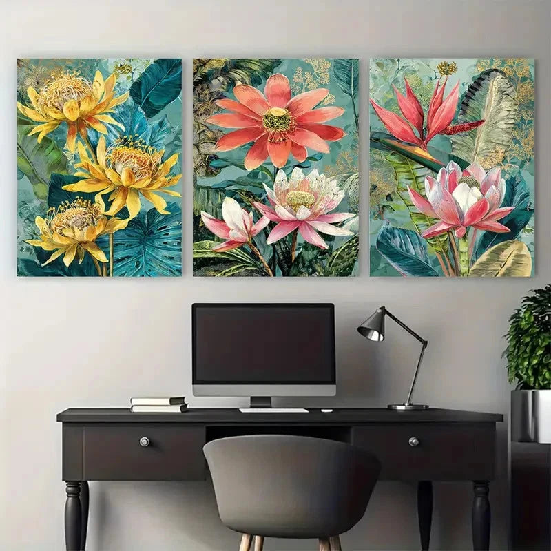 3pcs Nepal Travel Botanical Illustration Wall Art Set Canvas Framed 50x70cm - High Quality Print 100% Australian Made Wall Canvas Ready to Hang