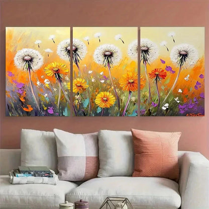 3pcs Dandelions Meadow Flowers Impasto Design Metal Print Ready to Hang Art