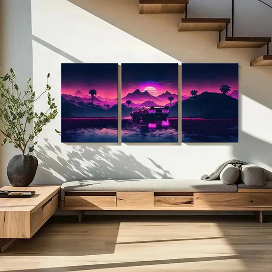 3pcs Vibrant Vaporwave & Cyberpunk Car Wall Art Set Canvas Framed 40x60cm - High Quality Print 100% Australian Made Wall Canvas Ready to Hang
