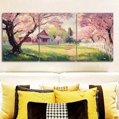 3pcs Featuring a Pink Cherry Blossom Tree Painting Metal Print Ready to Hang Art